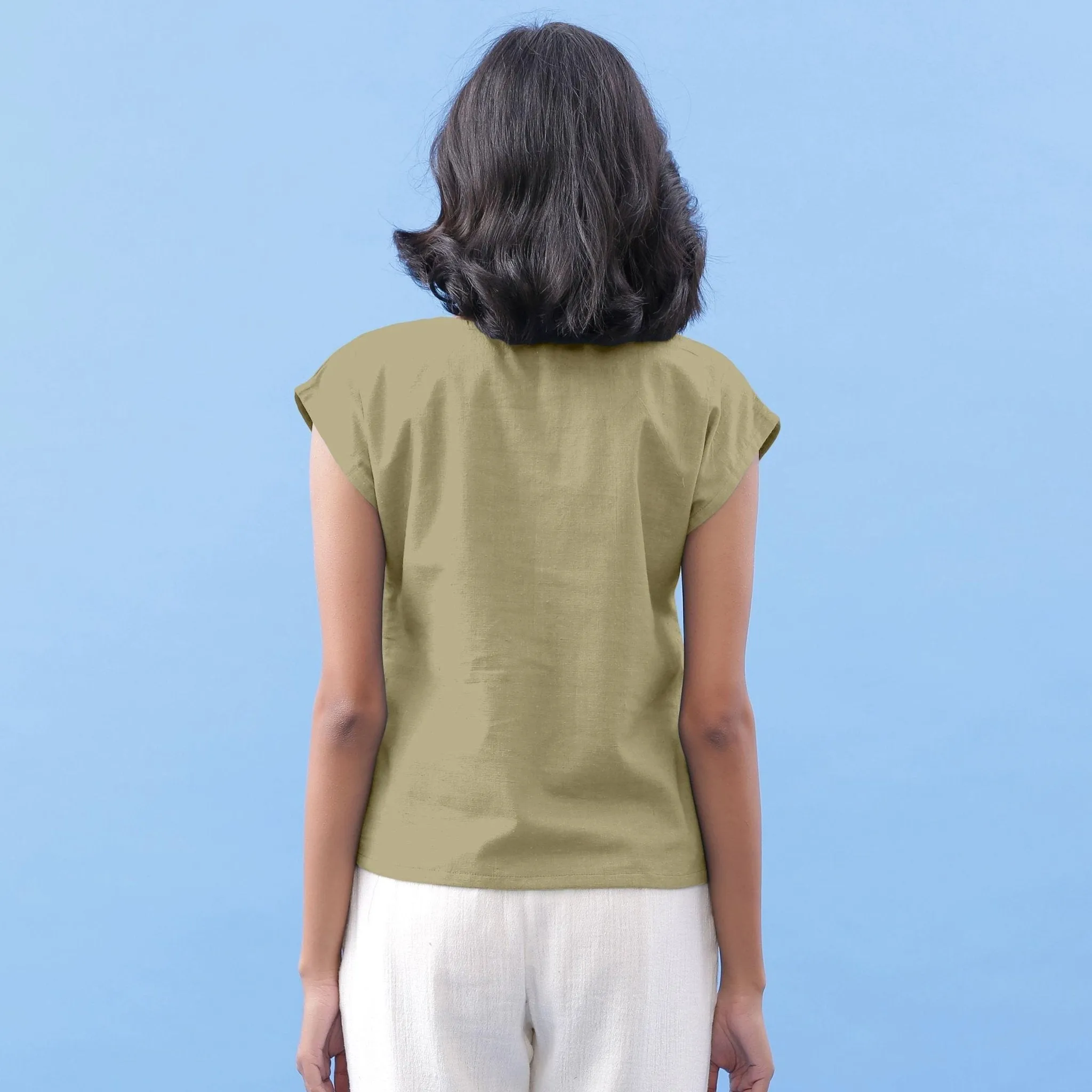 Khakhi Green 100% Cotton Round Neck Essential Top