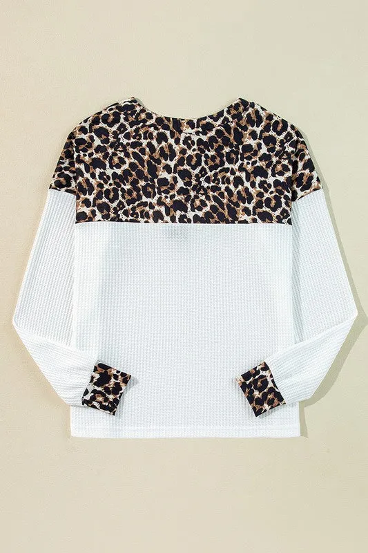 Leopard Waffle Knit Patchwork Button Sweatshirts