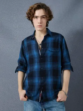 Men Premium Realxed Fit Indigo Street Vibe Cotton Plaid Casual Shirt