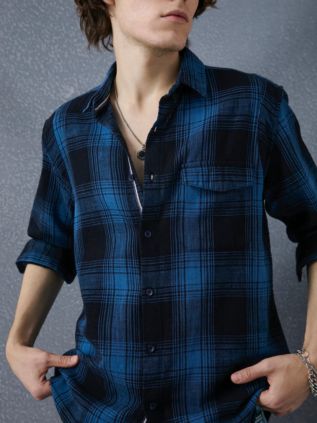 Men Premium Realxed Fit Indigo Street Vibe Cotton Plaid Casual Shirt