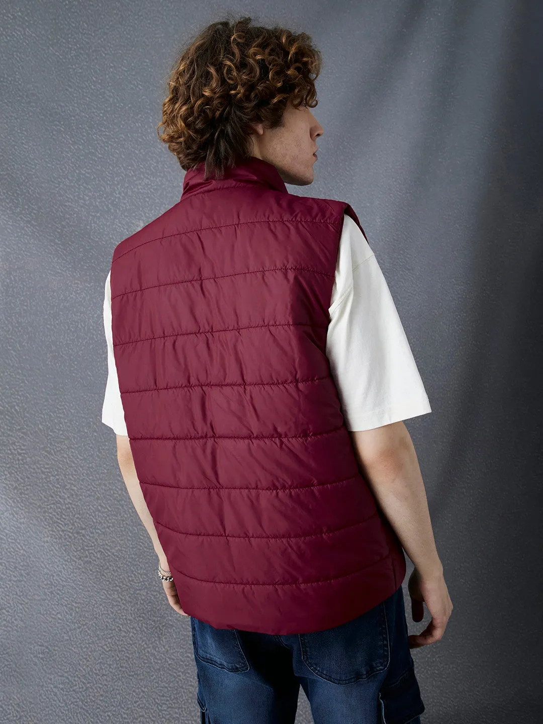 Men Regular Fit Maroon Sleeveless Jacket