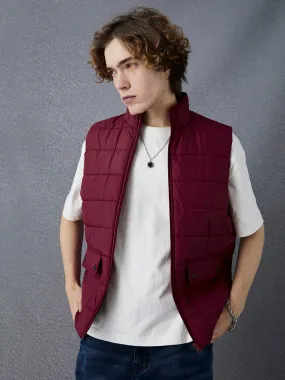 Men Regular Fit Maroon Sleeveless Jacket