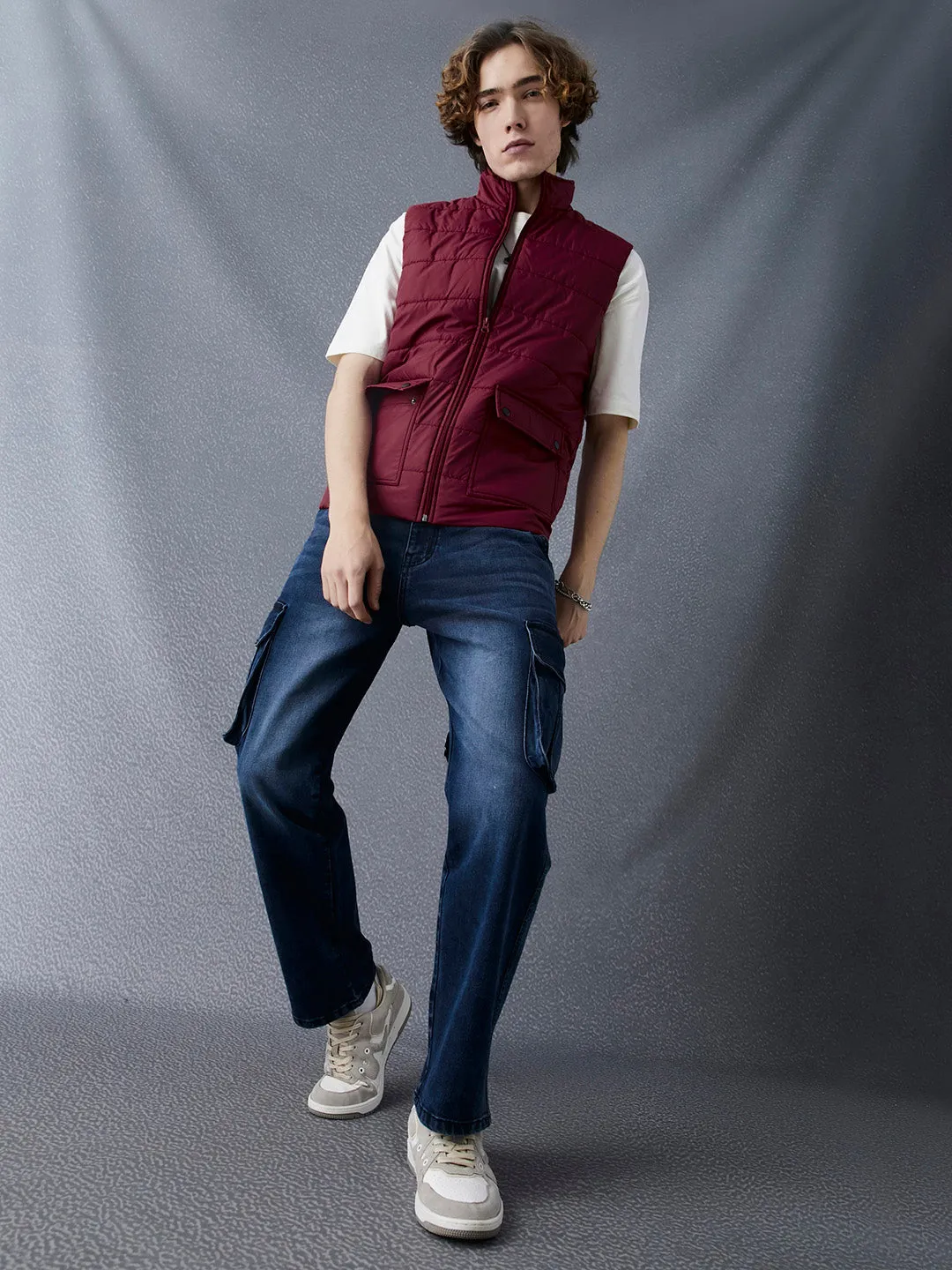 Men Regular Fit Maroon Sleeveless Jacket