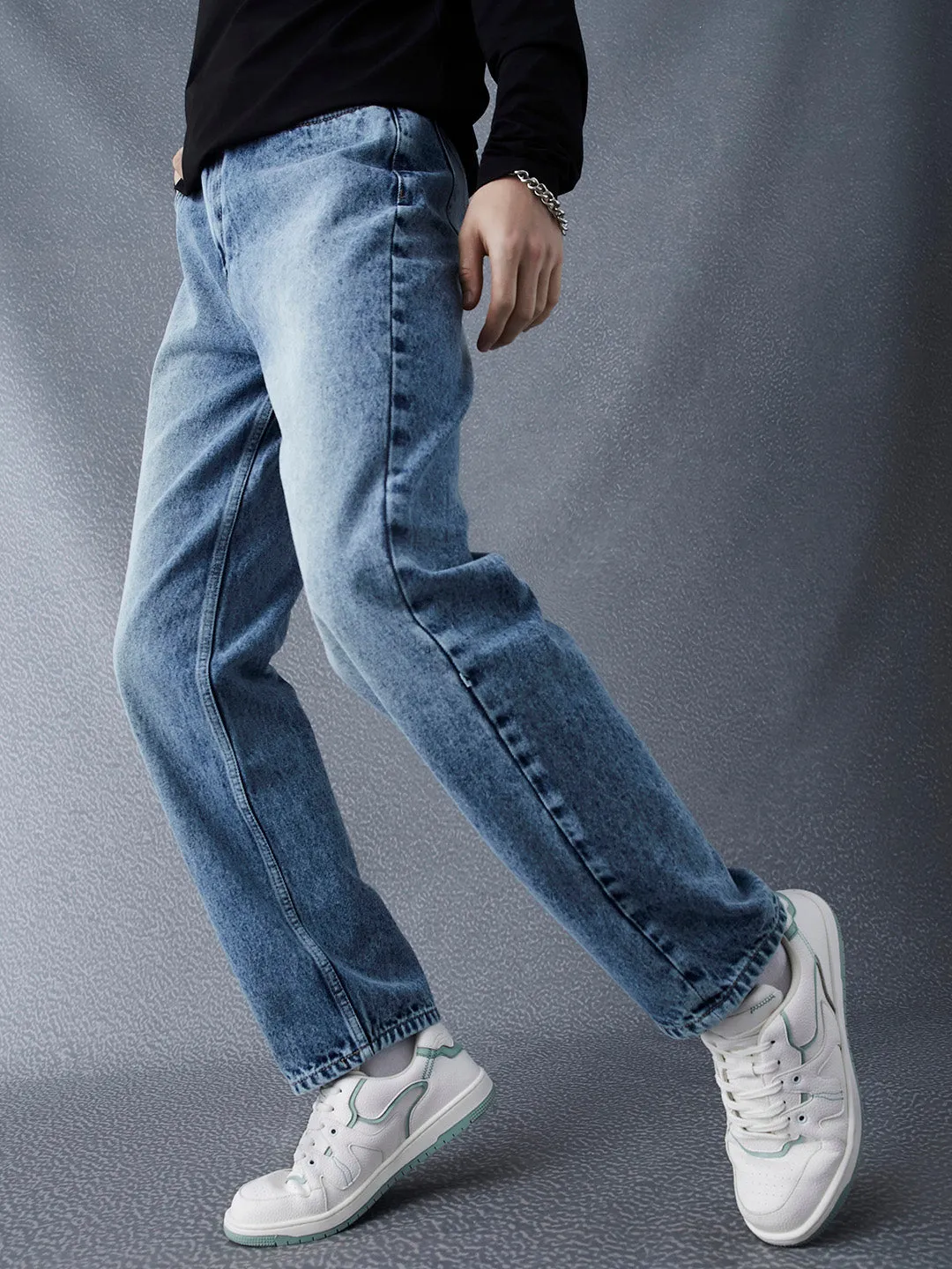 Men Straight Fit Heavy Washed Cotton Indigo Jeans