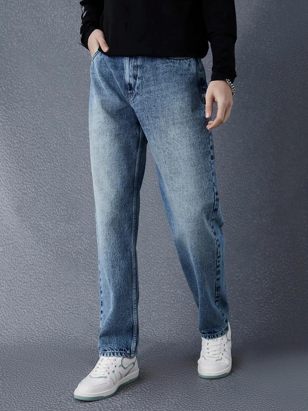 Men Straight Fit Heavy Washed Cotton Indigo Jeans