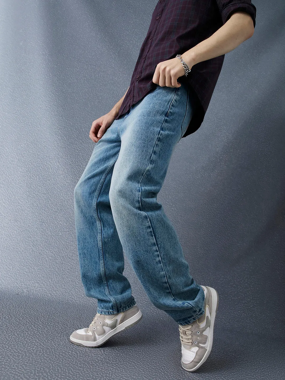 Men Straight Fit Heavy Washed Cotton Indigo Jeans