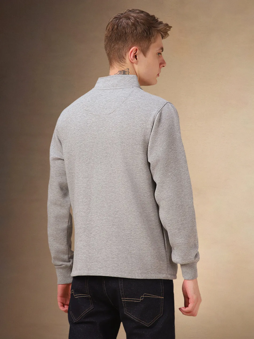 Men's Grey Solid Mock Neck Full Sleeves Sweatshirt