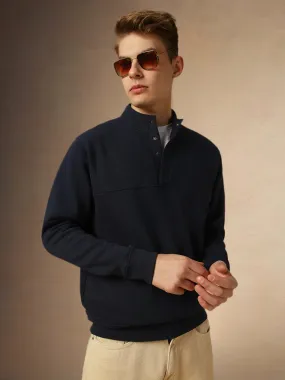 Men's Navy Mock Neck Full Sleeves Relaxed Fit Sweatshirt