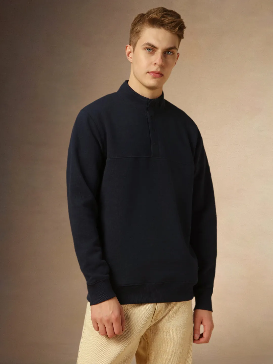 Men's Navy Mock Neck Full Sleeves Relaxed Fit Sweatshirt