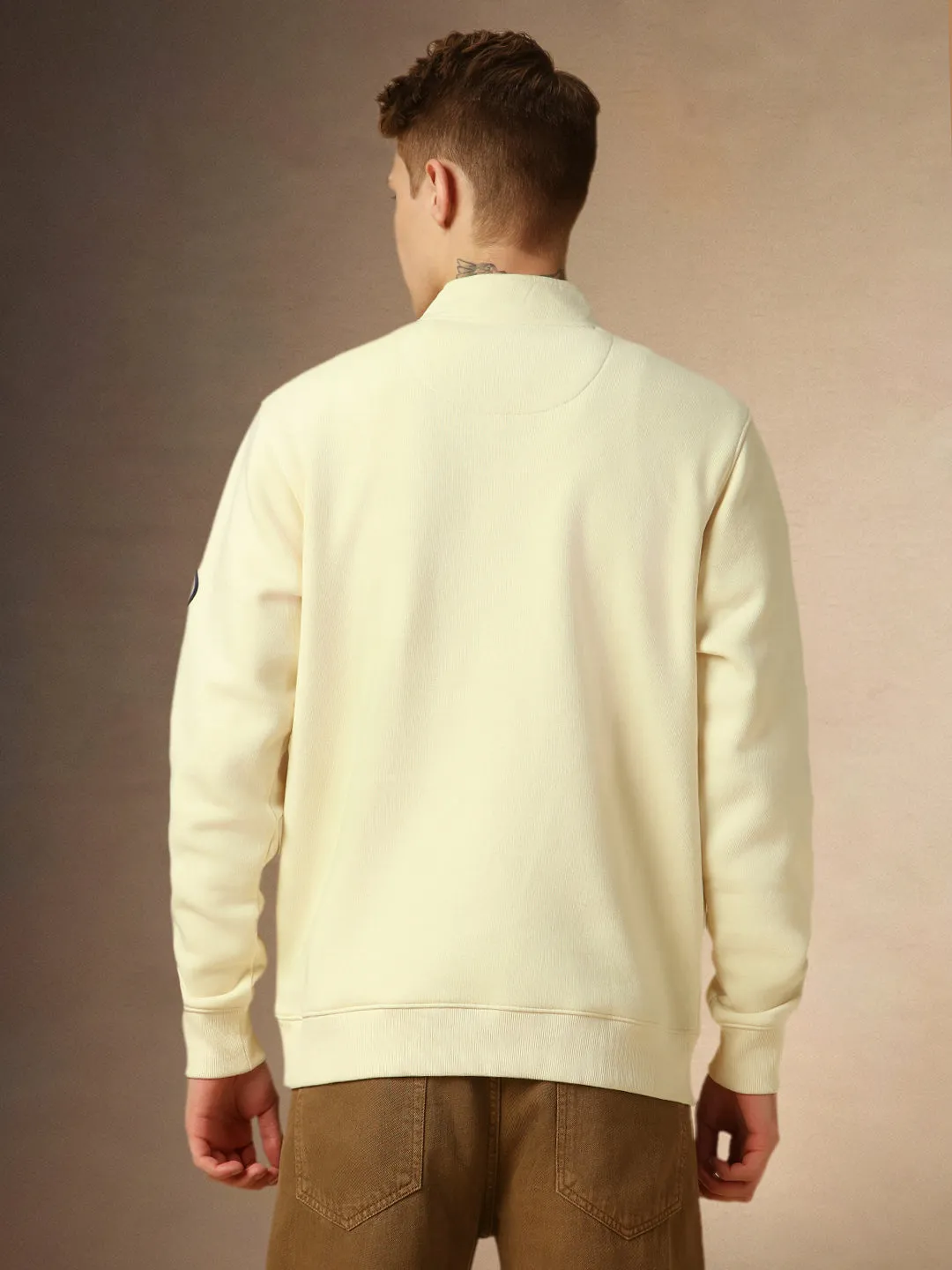 Men's Off White Mock Neck Full Sleeves Relaxed Fit Sweatshirt