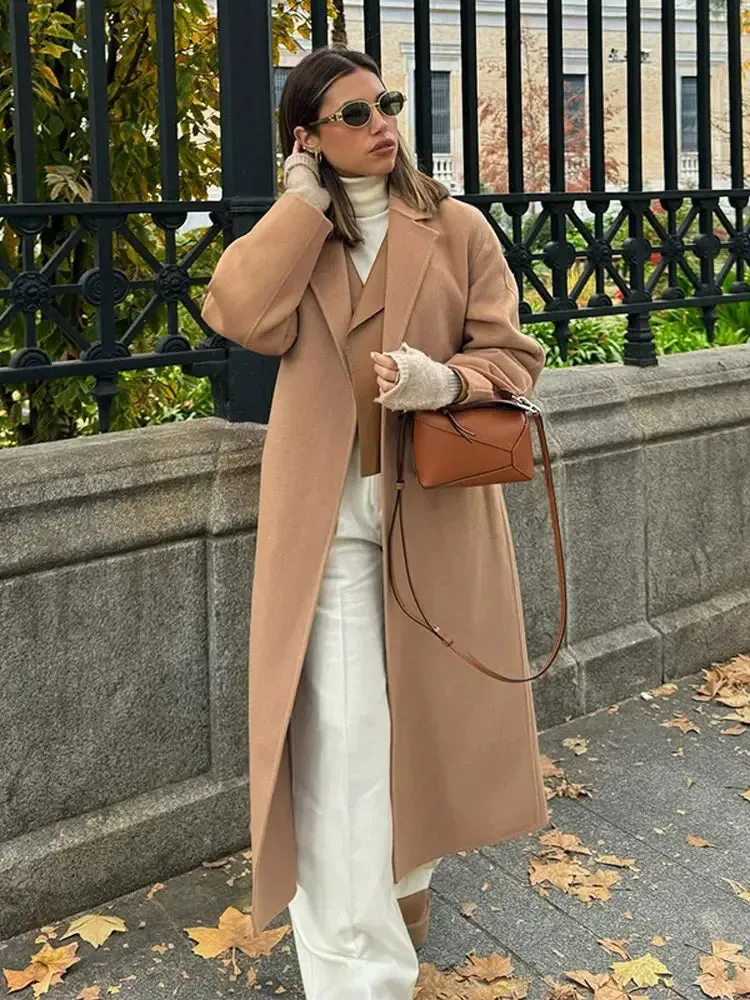 Mqtime Camel Chic Solid Lapel Trench Coats Jacket Elegant Commuting Full Sleeve Jackets Autumn Winter Female High Street Outerwear