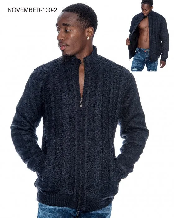 Navy Blue Men's Cardigan Sweaters Full Zip Knitted Jacket Fur Lined Style No: 100-2