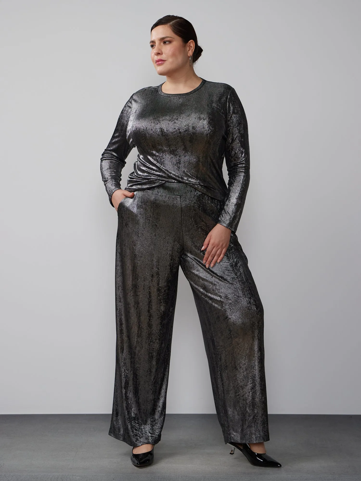 Plus Slinky Metallic Accent Wide Leg Pant