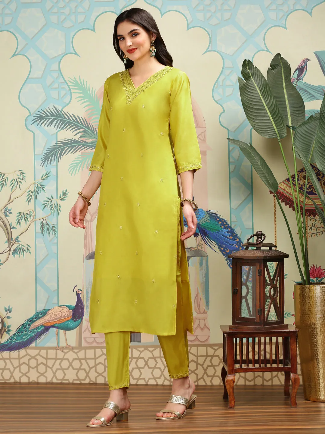 Silk Chiffon Mustard Floral Embroidered Kurta Set with Sheer Floral Printed Dupatta