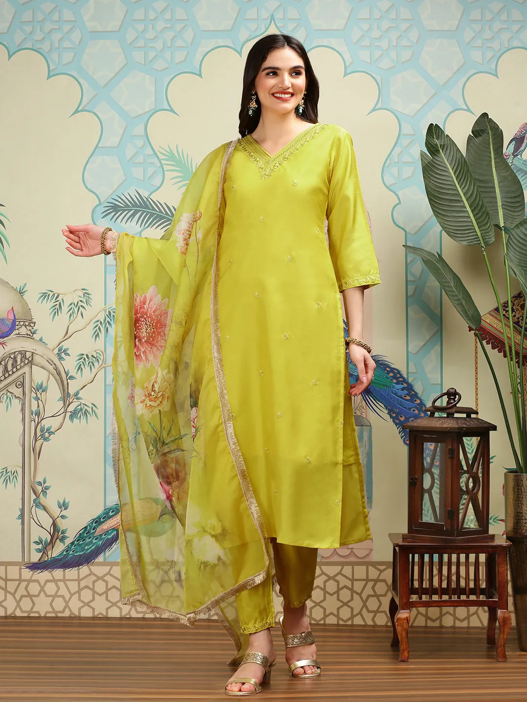 Silk Chiffon Mustard Floral Embroidered Kurta Set with Sheer Floral Printed Dupatta