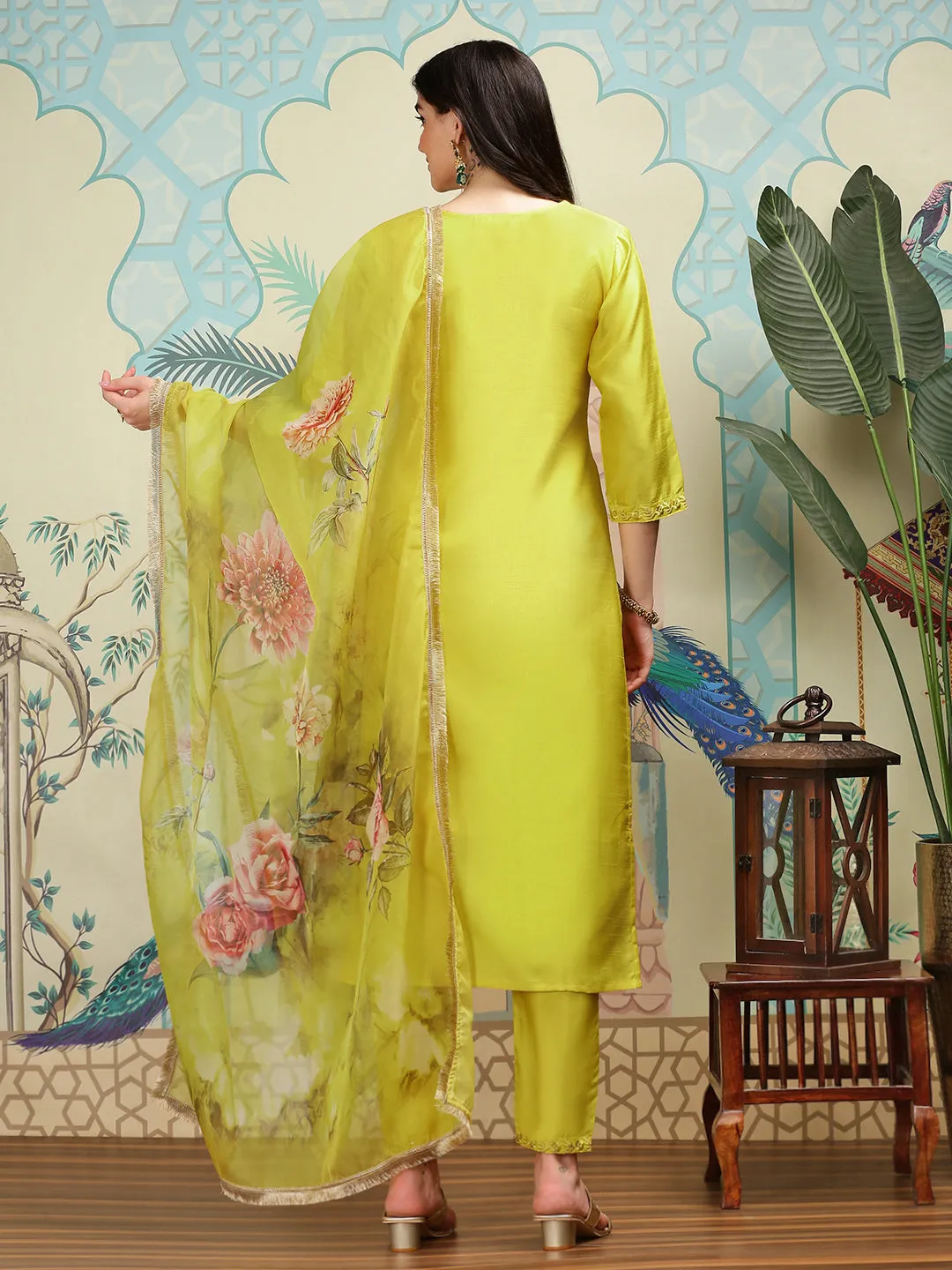 Silk Chiffon Mustard Floral Embroidered Kurta Set with Sheer Floral Printed Dupatta