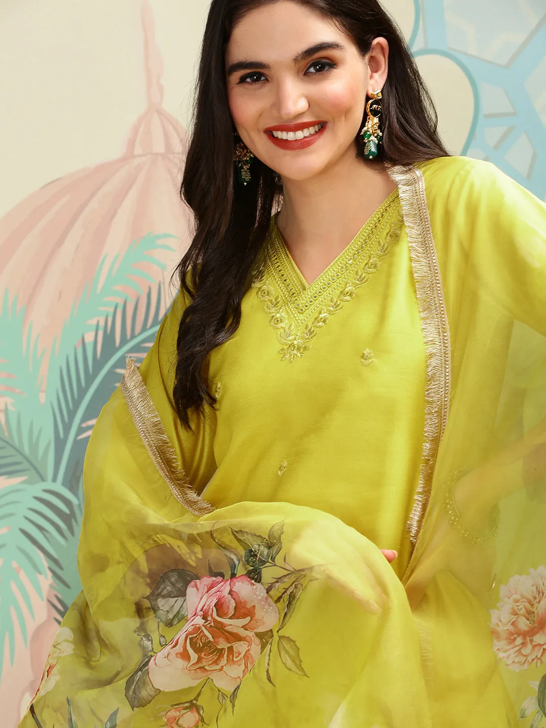 Silk Chiffon Mustard Floral Embroidered Kurta Set with Sheer Floral Printed Dupatta