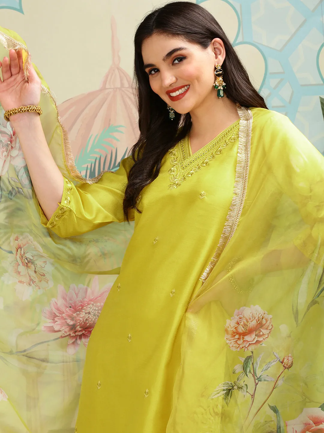 Silk Chiffon Mustard Floral Embroidered Kurta Set with Sheer Floral Printed Dupatta