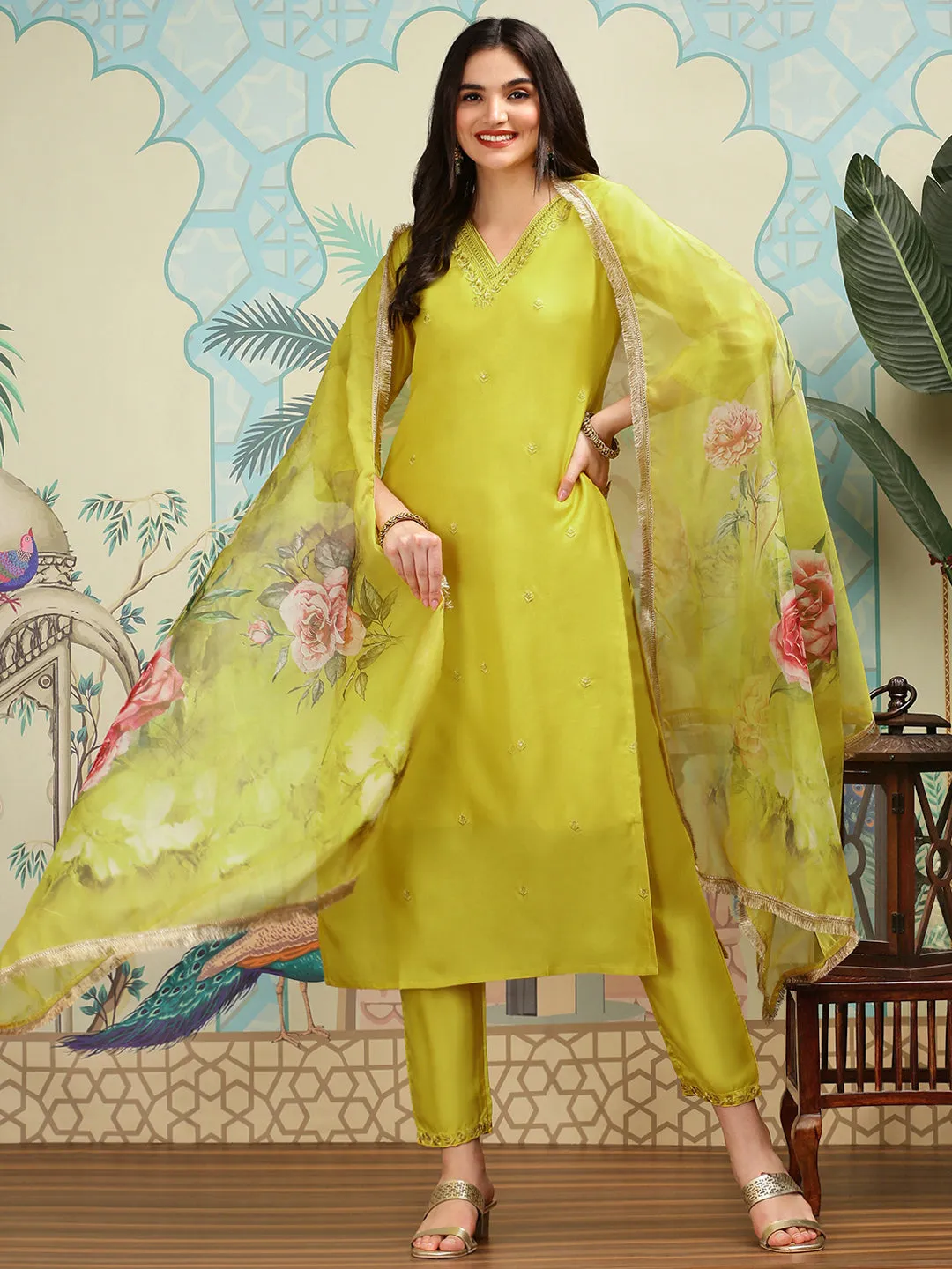 Silk Chiffon Mustard Floral Embroidered Kurta Set with Sheer Floral Printed Dupatta