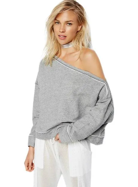 SOLID GRAY ONE SHOULDER RAW HEM RELAXED SWEATSHIRT