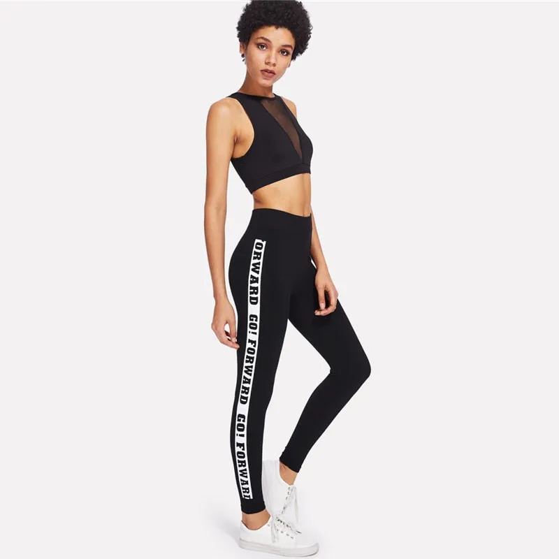 Sporty Fashion Black Letter Slogan Print Side Skinny Bottoms Leggings Women Activewear Casual yoga Pants