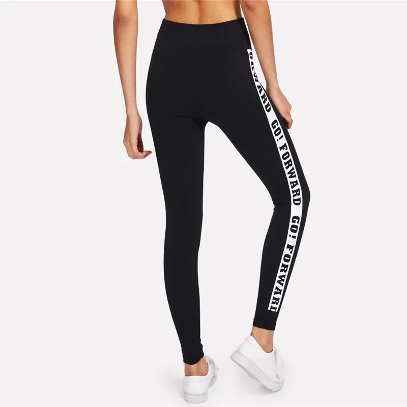 Sporty Fashion Black Letter Slogan Print Side Skinny Bottoms Leggings Women Activewear Casual yoga Pants