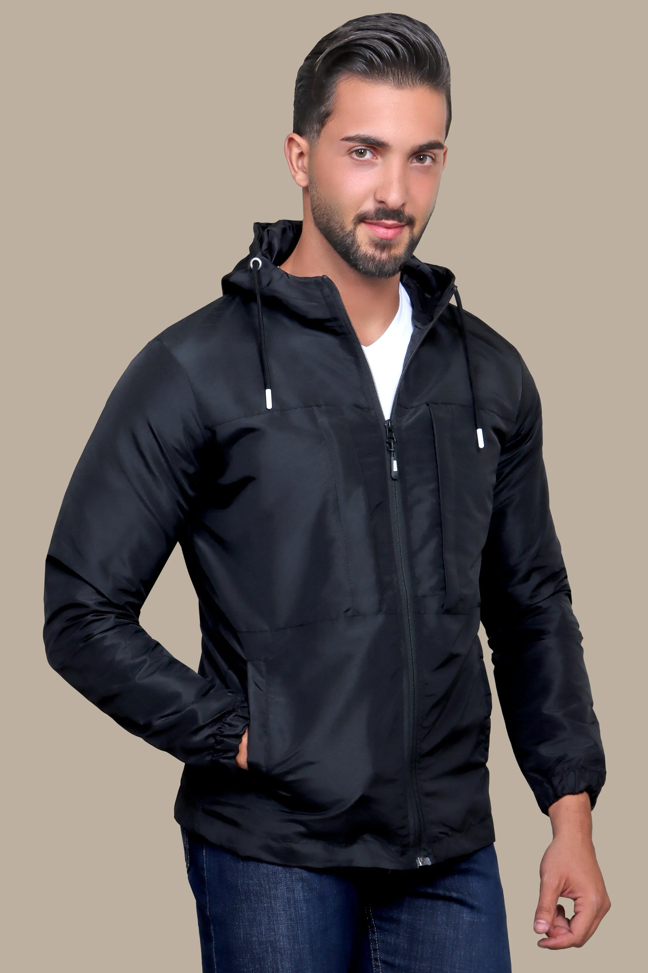 Storm Guardian: Black Waterproof Hooded Jacket