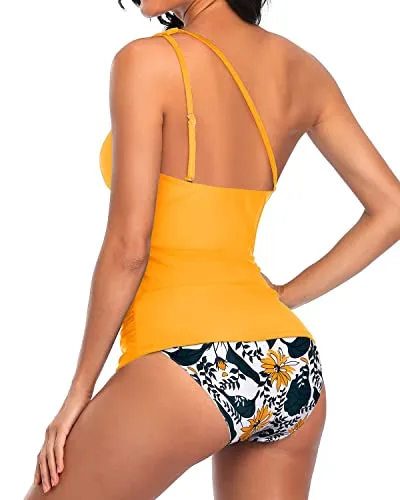 Stretchy Swimwear Top Shorts For Women Tankini Two Piece-Yellow Floral