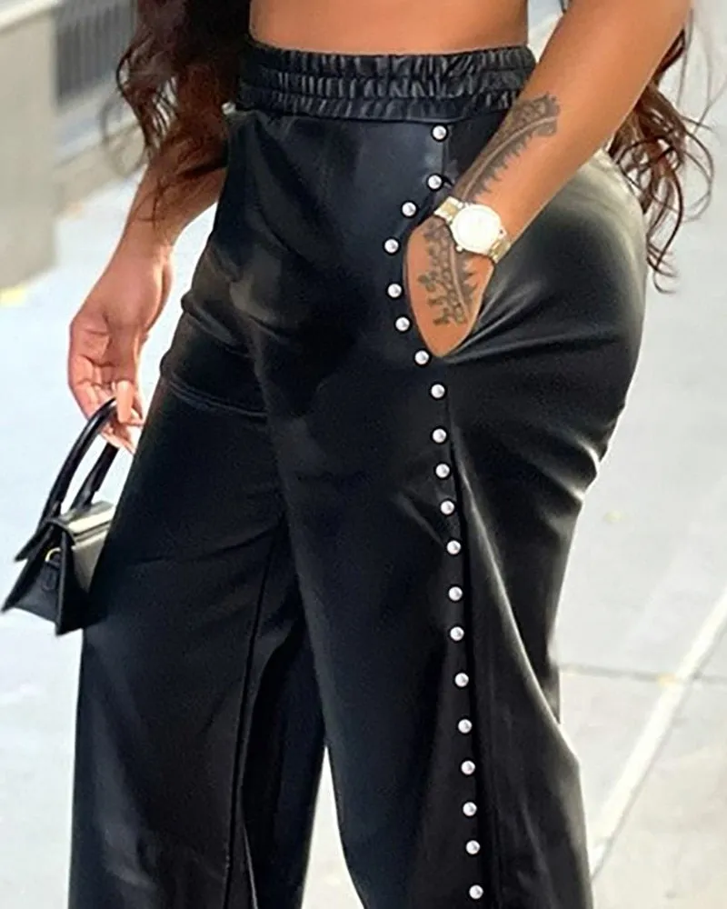 Trendy Beaded Leather Wide Leg Pants