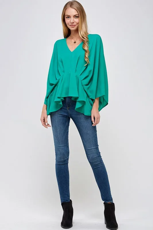 V-Neck 3/4 Sleeve Peplum Blouse in Green