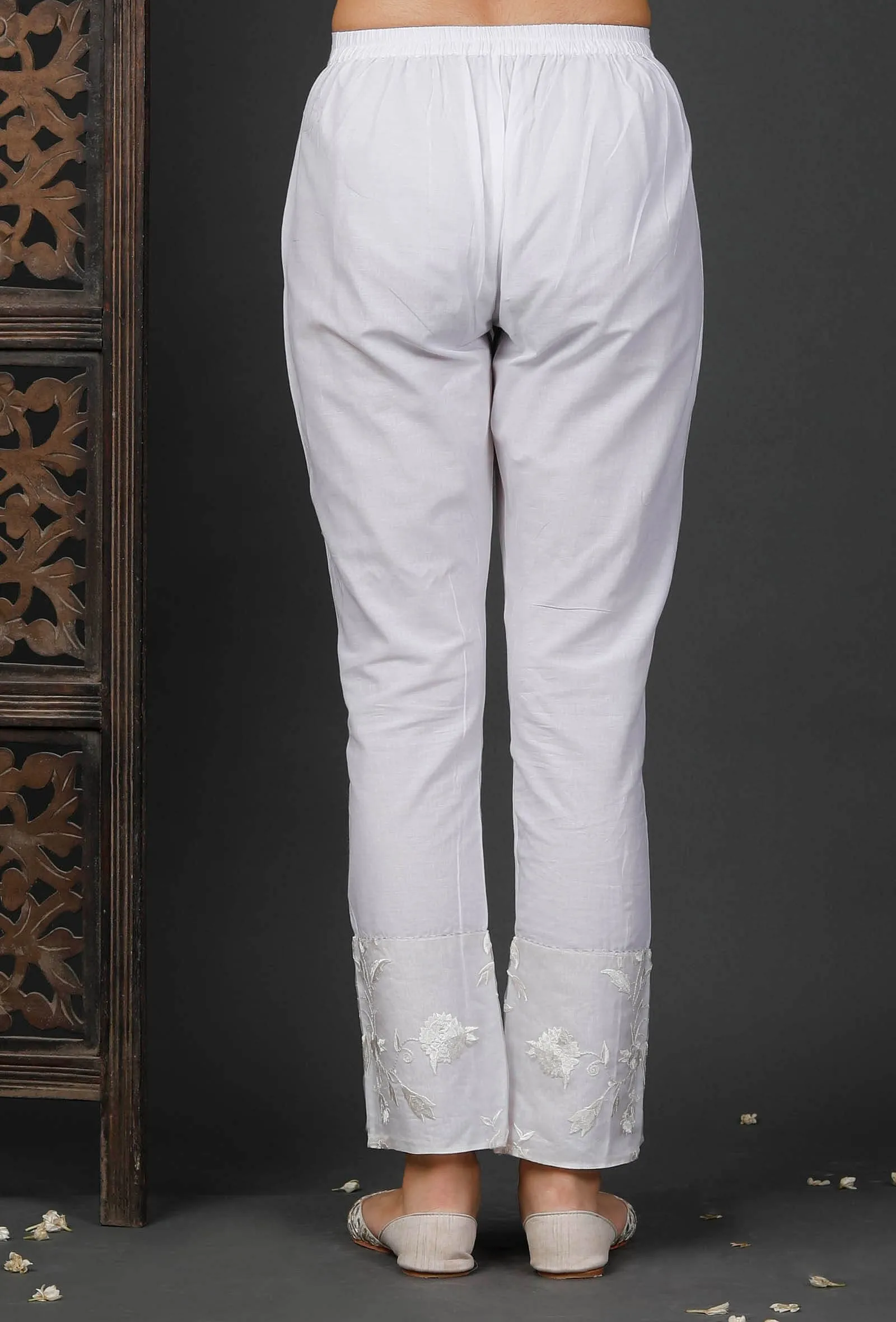 White Cotton Pants with Embroidered Organza