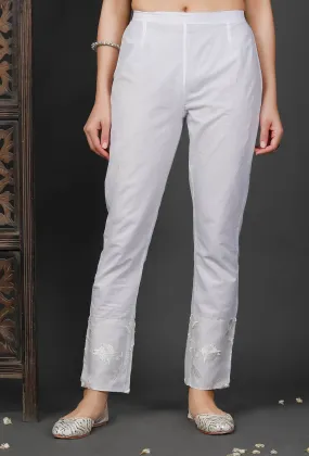 White Cotton Pants with Embroidered Organza