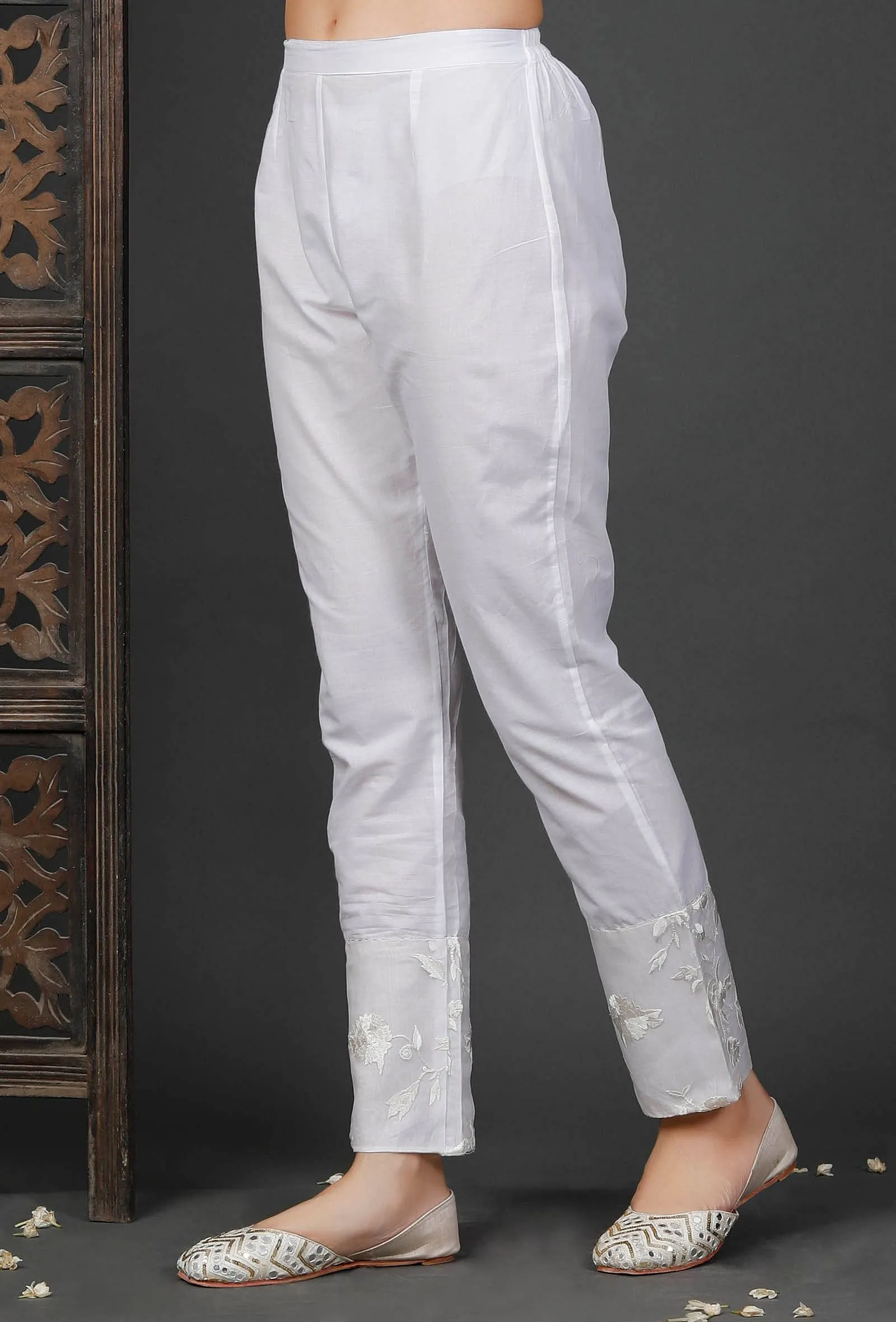 White Cotton Pants with Embroidered Organza