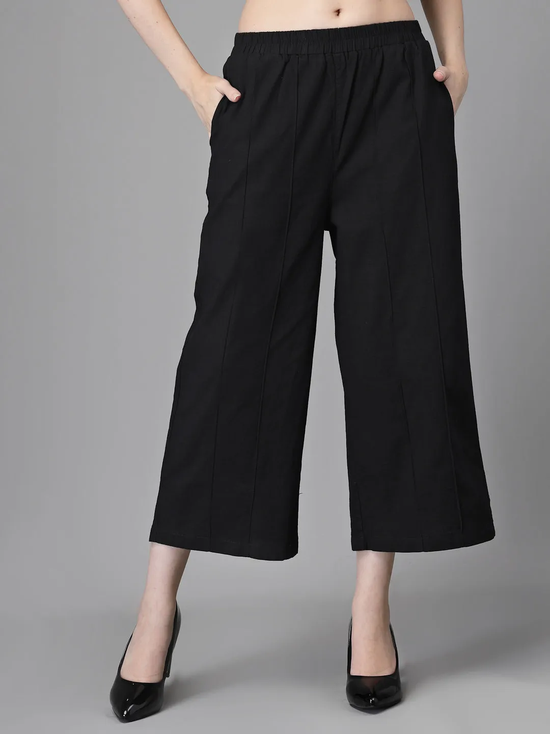 Women Black Cotton Linen Embroidered Lower