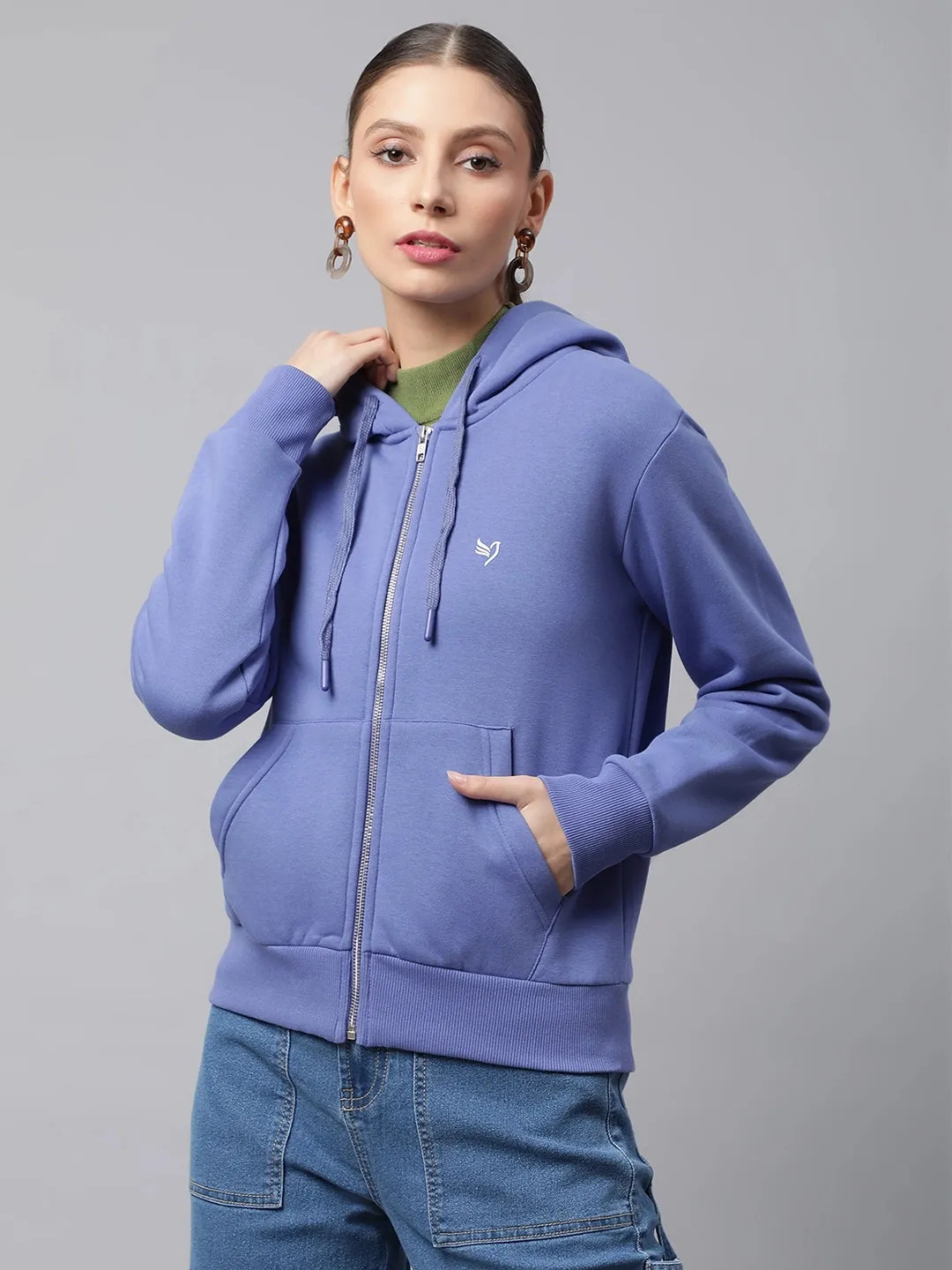 Women Purple Kangaroo Pocket Relaxed Fit Fleece Hooded Zipper Sweatshirt