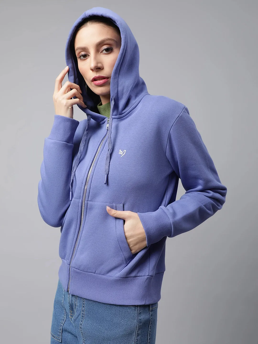 Women Purple Kangaroo Pocket Relaxed Fit Fleece Hooded Zipper Sweatshirt