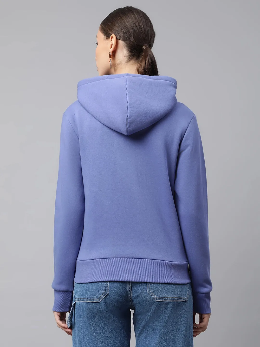 Women Purple Kangaroo Pocket Relaxed Fit Fleece Hooded Zipper Sweatshirt