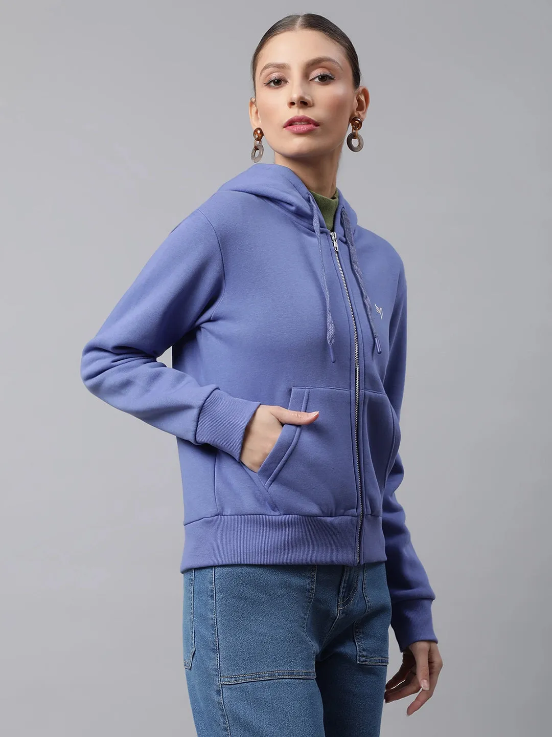 Women Purple Kangaroo Pocket Relaxed Fit Fleece Hooded Zipper Sweatshirt