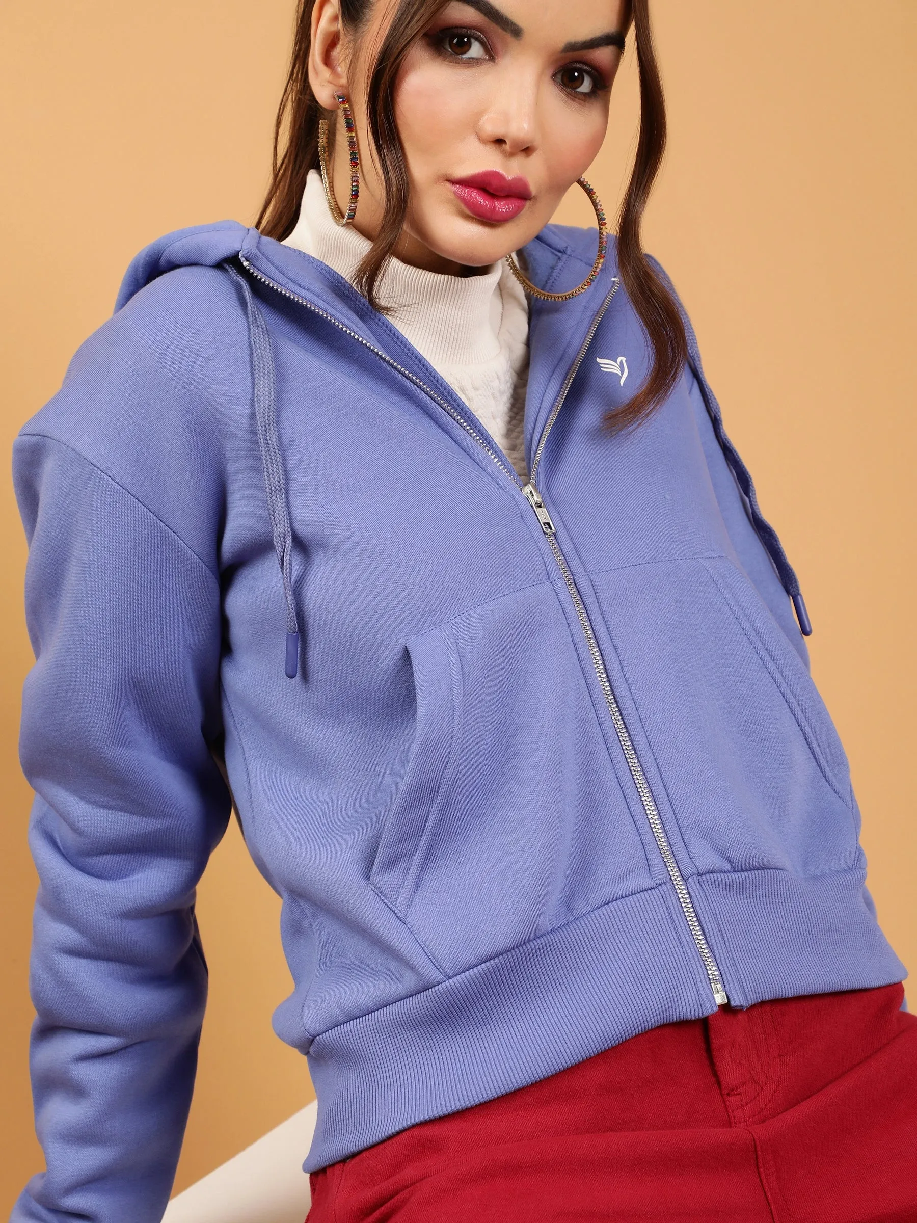 Women Purple Kangaroo Pocket Relaxed Fit Fleece Hooded Zipper Sweatshirt