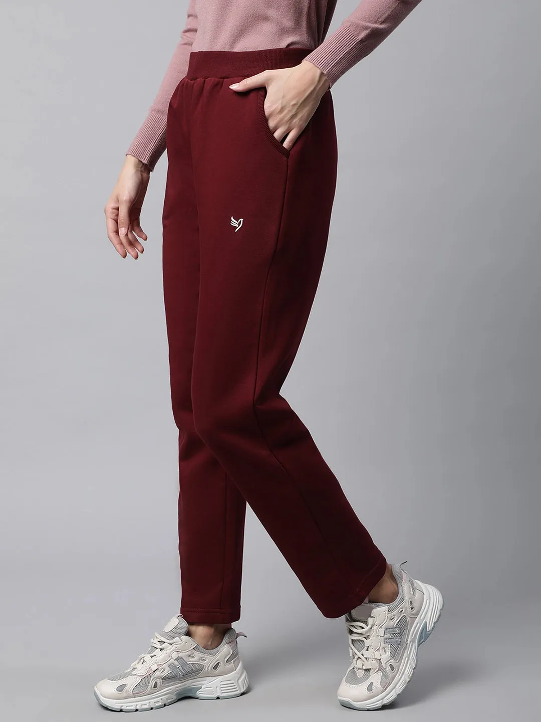 Women Wine Regular Fit High Rise Track Pants With Pockets