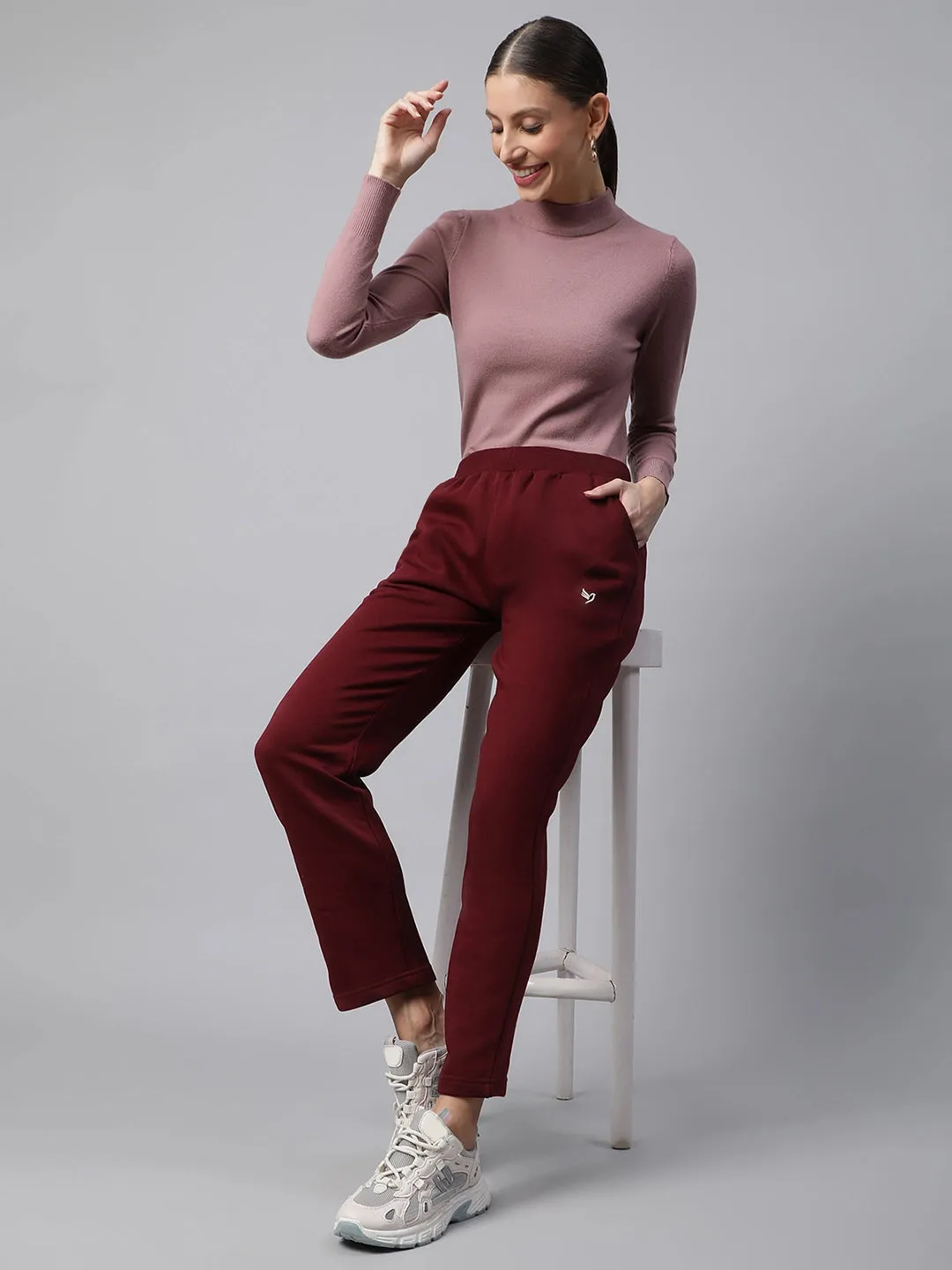 Women Wine Regular Fit High Rise Track Pants With Pockets