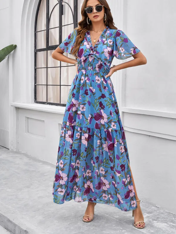 Women's Floral Print Flowy Floor Length Dress With V-Neck And Short Sleeves