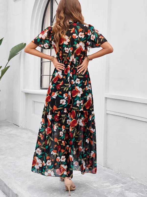 Women's Floral Print Flowy Floor Length Dress With V-Neck And Short Sleeves