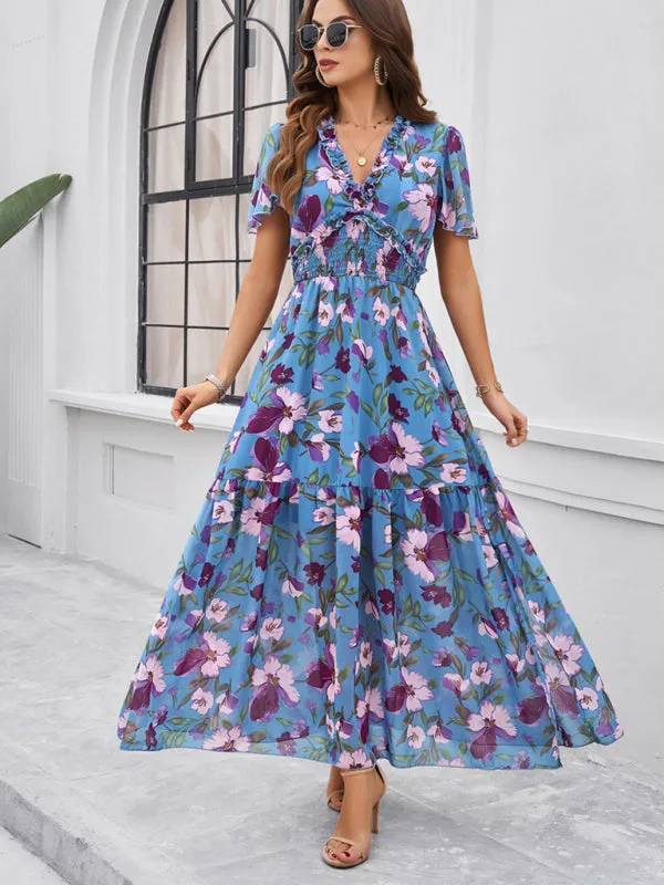 Women's Floral Print Flowy Floor Length Dress With V-Neck And Short Sleeves