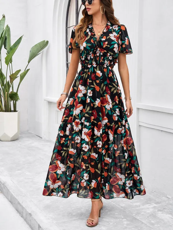 Women's Floral Print Flowy Floor Length Dress With V-Neck And Short Sleeves