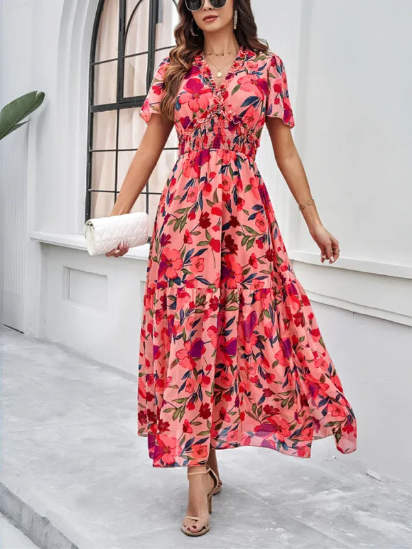 Women's Floral Print Flowy Floor Length Dress With V-Neck And Short Sleeves