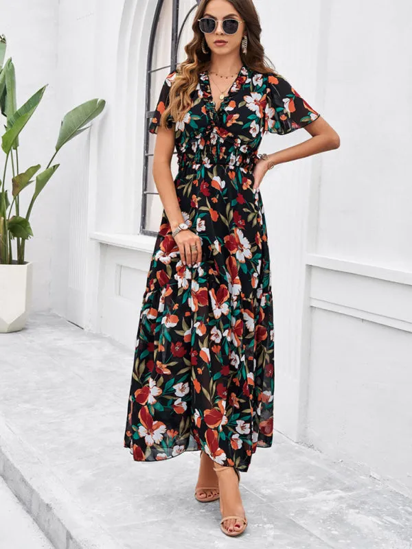 Women's Floral Print Flowy Floor Length Dress With V-Neck And Short Sleeves