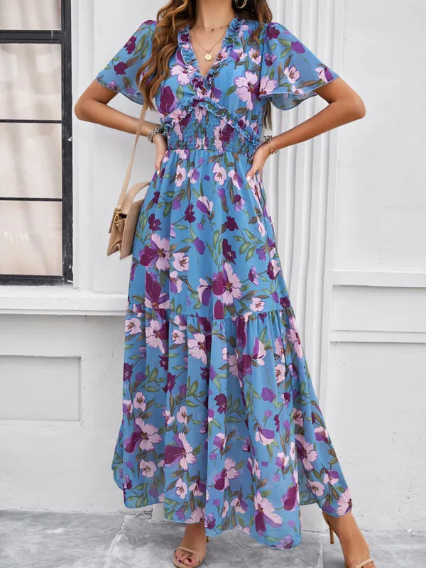 Women's Floral Print Flowy Floor Length Dress With V-Neck And Short Sleeves